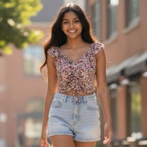 Almost Famous Floral Ruched Drawstring Ruffle Prairie Cottagecore Top Size L